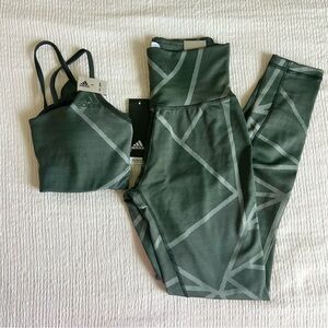[Adidas] Women's Dark Green Geometric Sports Bra and Leggings Set